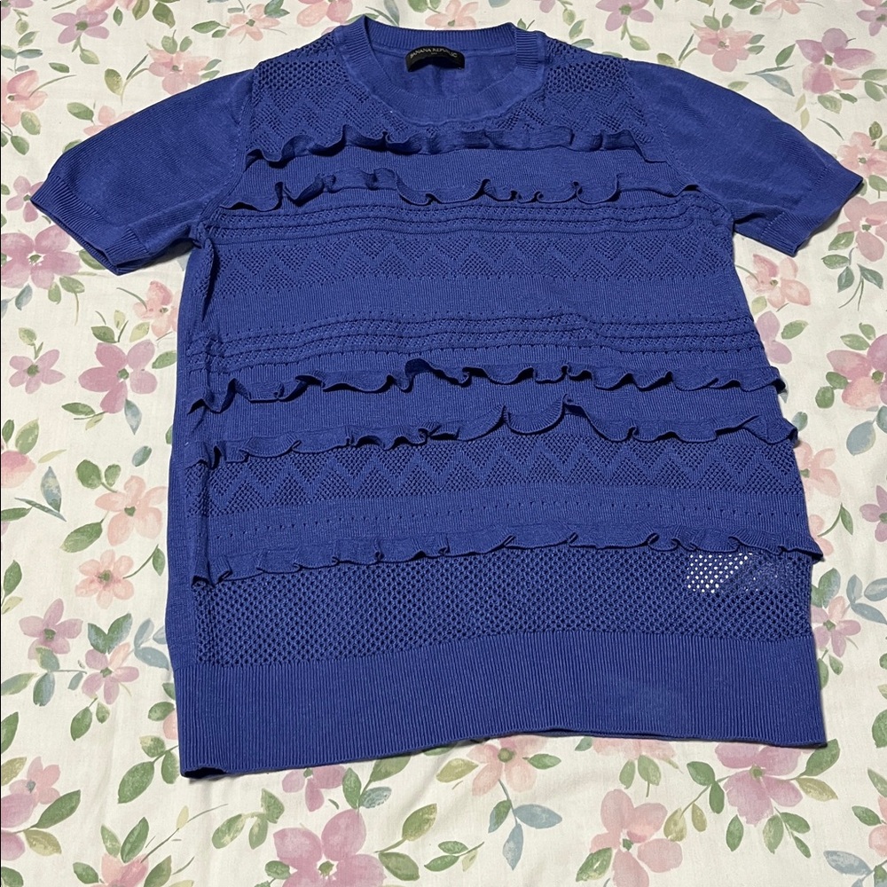 NWOT eyelet spring sweater small blue formal short sleeve eyelet ruffle pattern